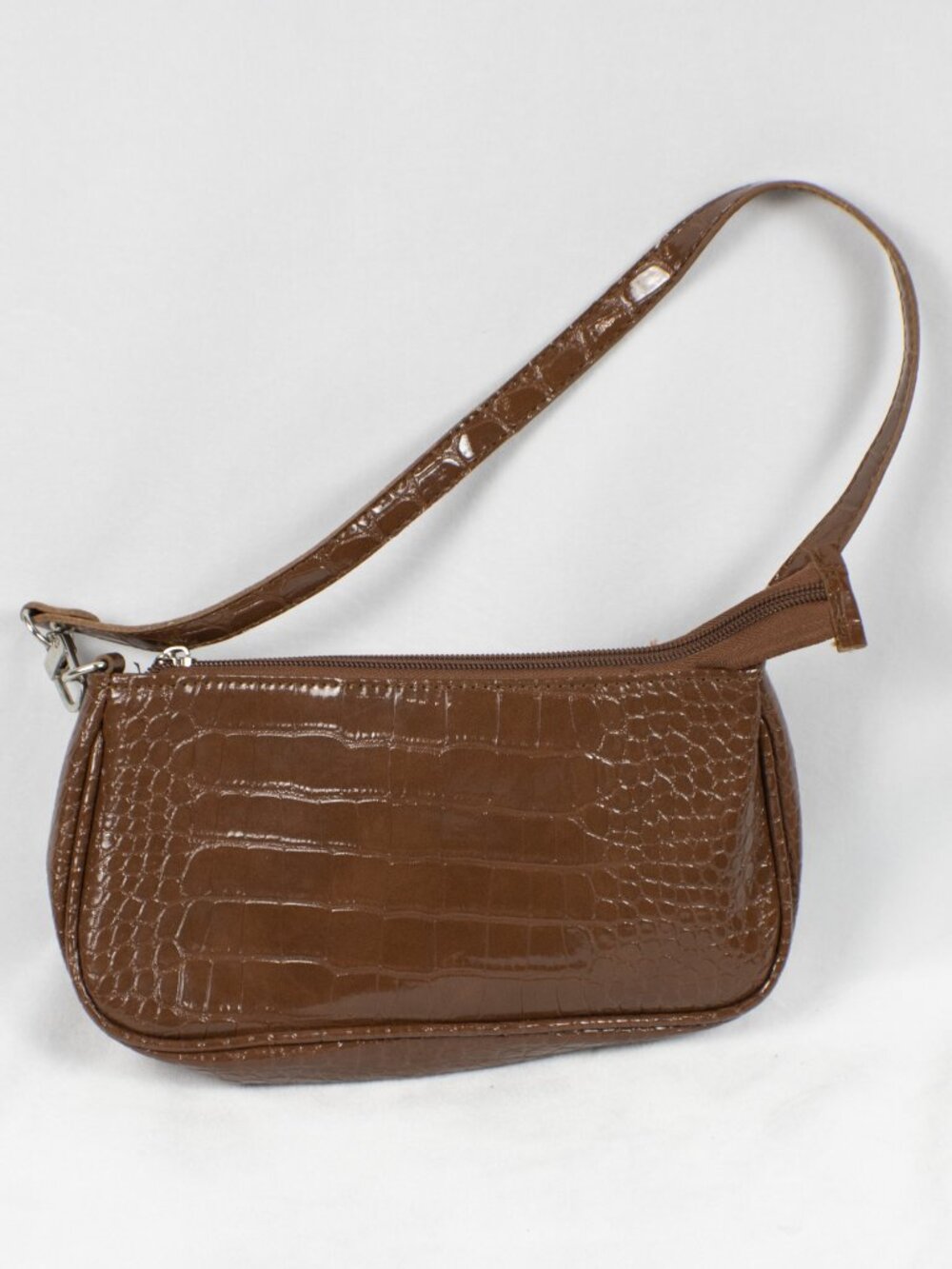 Y2K Brown Glossy Croc Baguette Bag Vintage Shoulder Purse Faux Leather